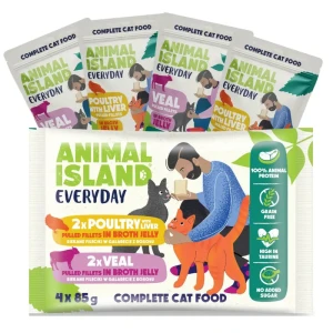 Animal Island - 4-pak - Szarpane fileciki w galaretce z rosołu 4x85g - 2x Cielęcina, 2x drób z wątróbką
